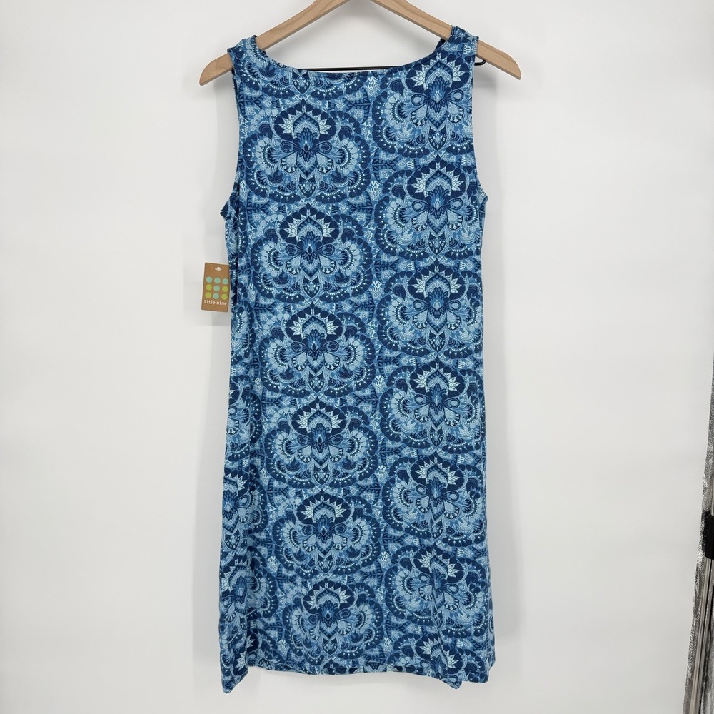 Title Nine Sz M Sleeveless Breeze Blue Dress Cowl Neck Floral Stretch Jersey - Picture 2 of 6